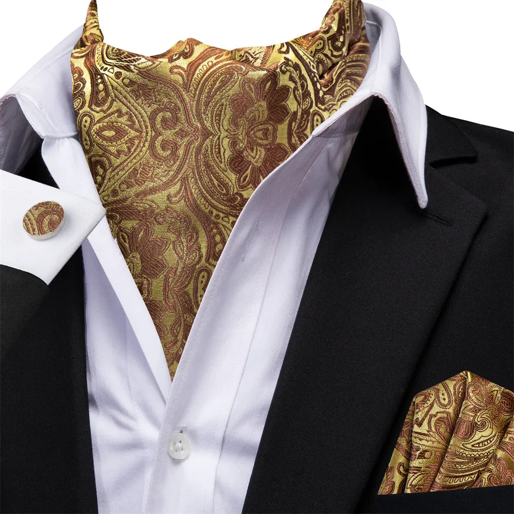 Ties2you Gold Brown Floral Silk Ascot Cravat Pocket Square Cufflinks Set sold by Ties2You product image thumbnail 2