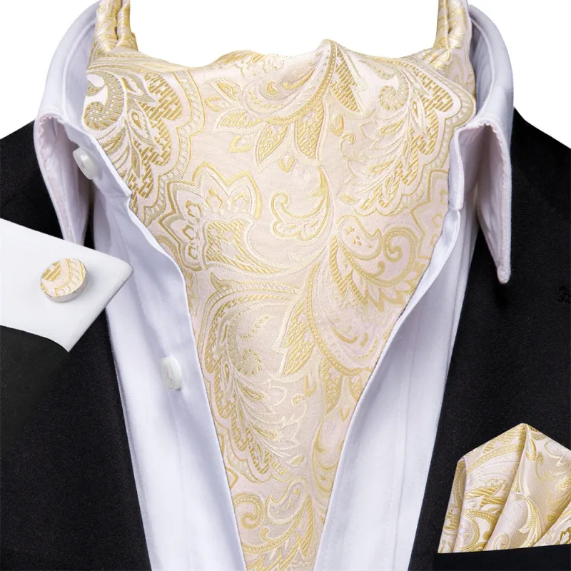 Ties2you Cream Yellow Floral Silk Ascot Cravat Pocket Square Cufflinks Set sold by Ties 2 You