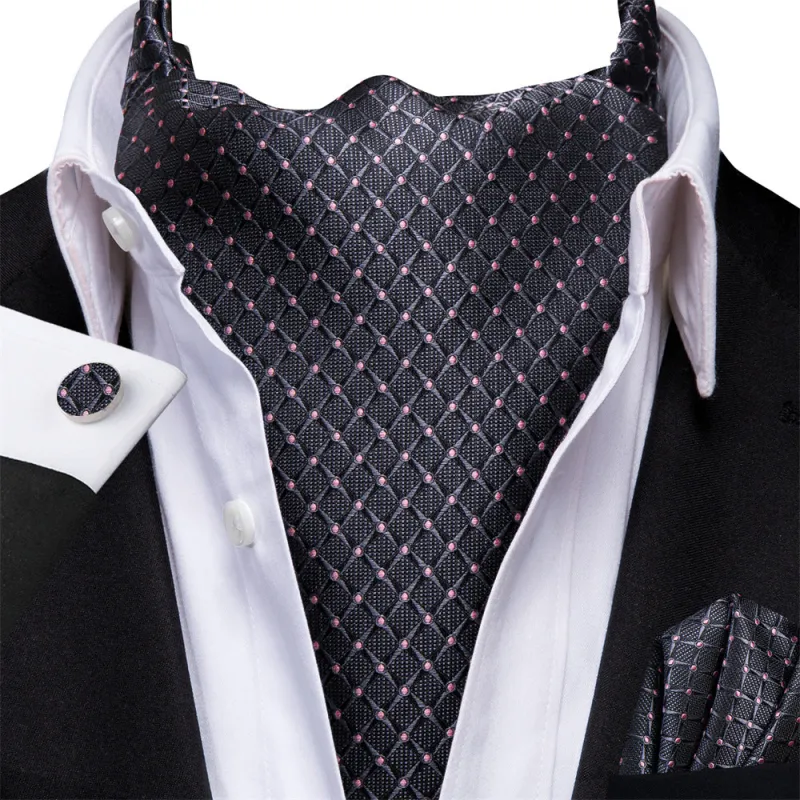 Ties2you Grey Pink Plaid Silk Ascot Cravat Pocket Square Cufflinks Set sold by Ties2You