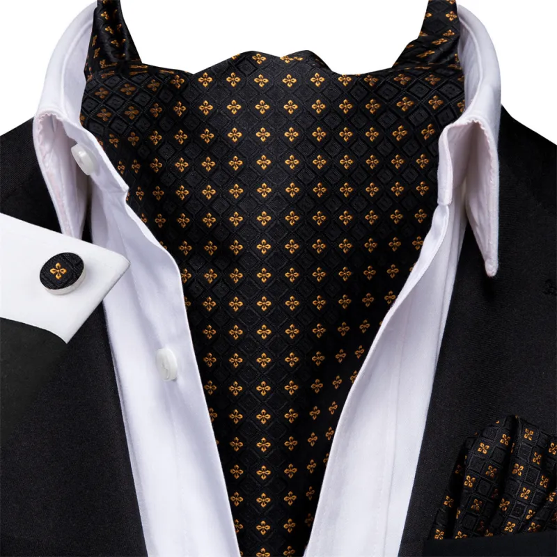 Ties2you Black Gold Geometric Plaid Ascot Cravat Pocket Square Cufflinks Set sold by Ties2You