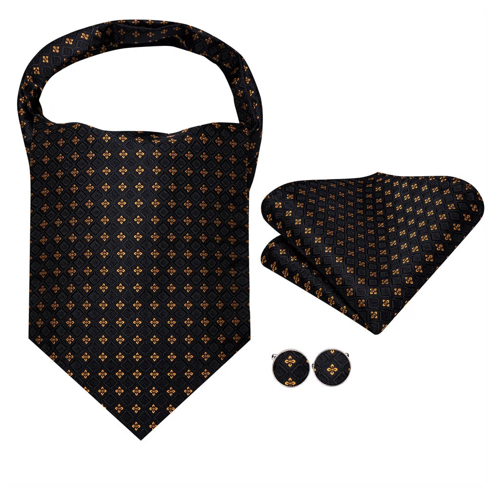 Ties2you Black Gold Geometric Plaid Ascot Cravat Pocket Square Cufflinks Set sold by Ties2You product image thumbnail 5