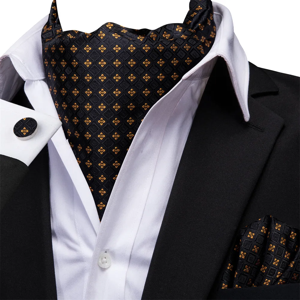 Ties2you Black Gold Geometric Plaid Ascot Cravat Pocket Square Cufflinks Set sold by Ties2You product image thumbnail 2