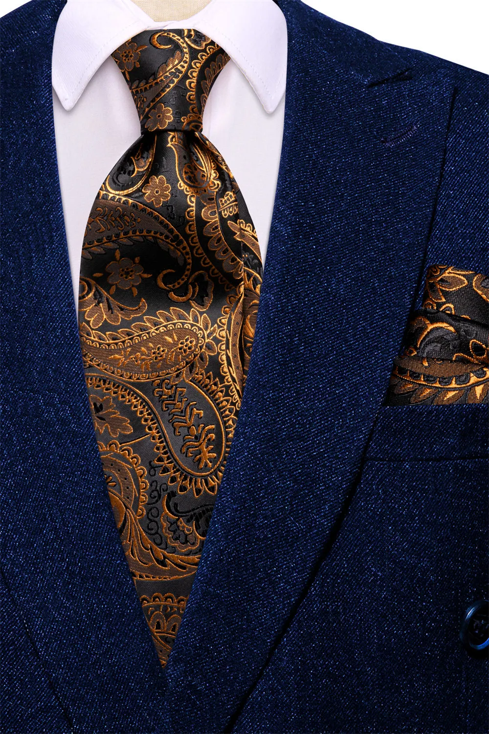 Ties2you Gold Black Paisley Silk Necktie Pocket Square Cufflinks Set sold by Ties2You product image thumbnail 3