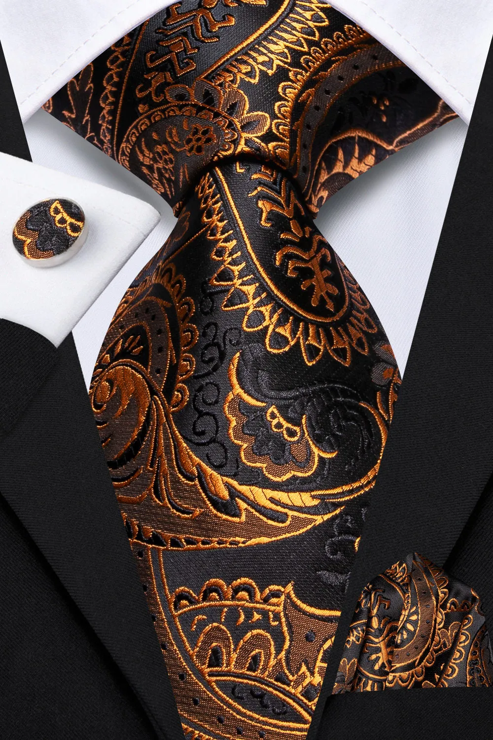 Ties2you Gold Black Paisley Silk Necktie Pocket Square Cufflinks Set sold by Ties2You product image thumbnail 2
