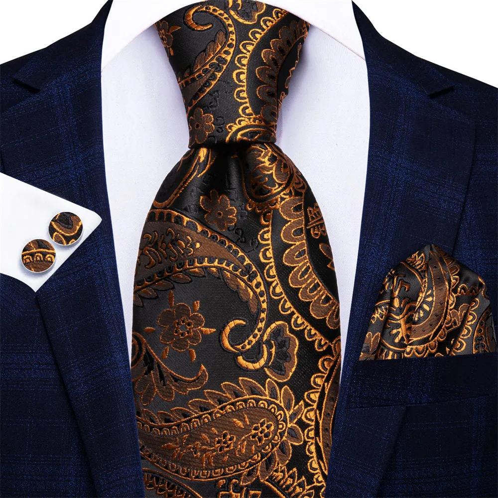 Ties2you Gold Black Paisley Silk Necktie Pocket Square Cufflinks Set sold by Ties2You