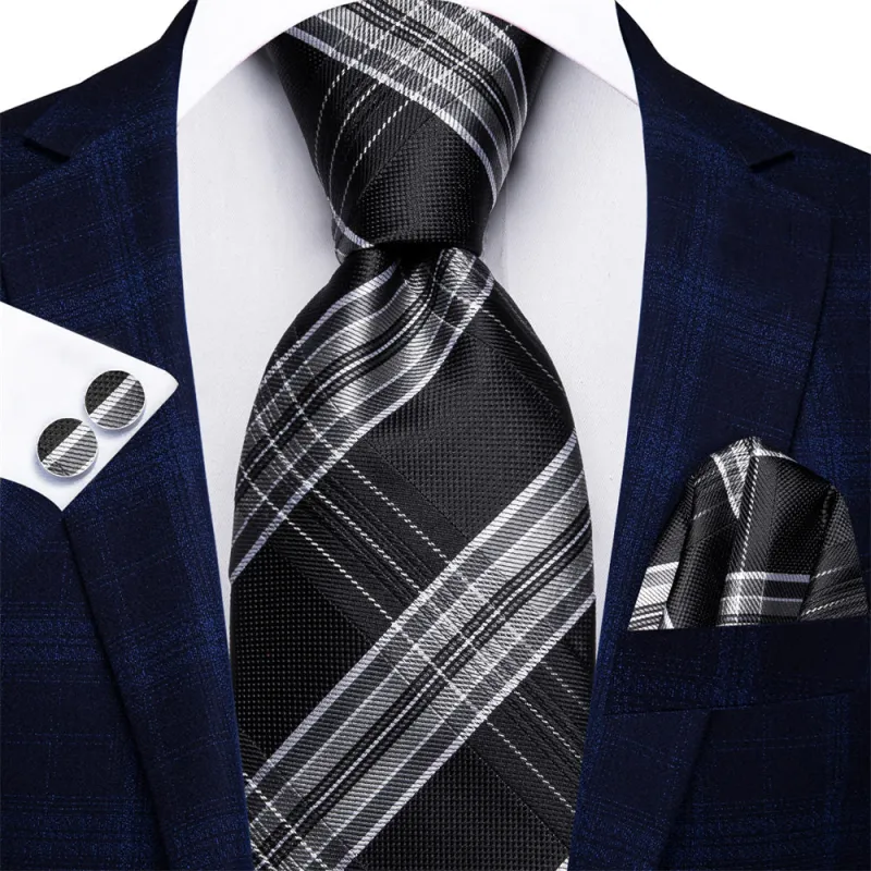 Ties2you Black Grey Plaid Men's Necktie Pocket Square Cufflinks Set sold by Ties2You