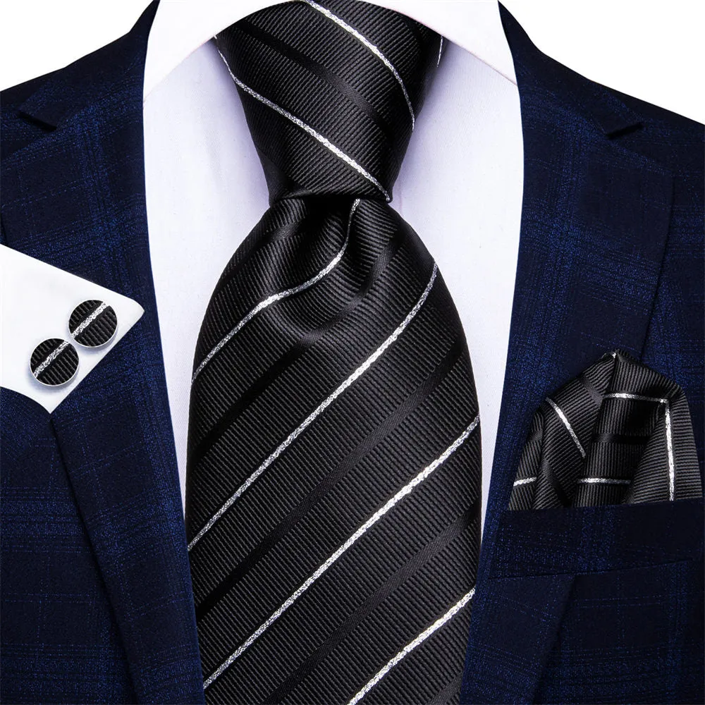 Ties2you Black White Striped Silk Men's Necktie Pocket Square Cufflinks Set sold by Ties2You