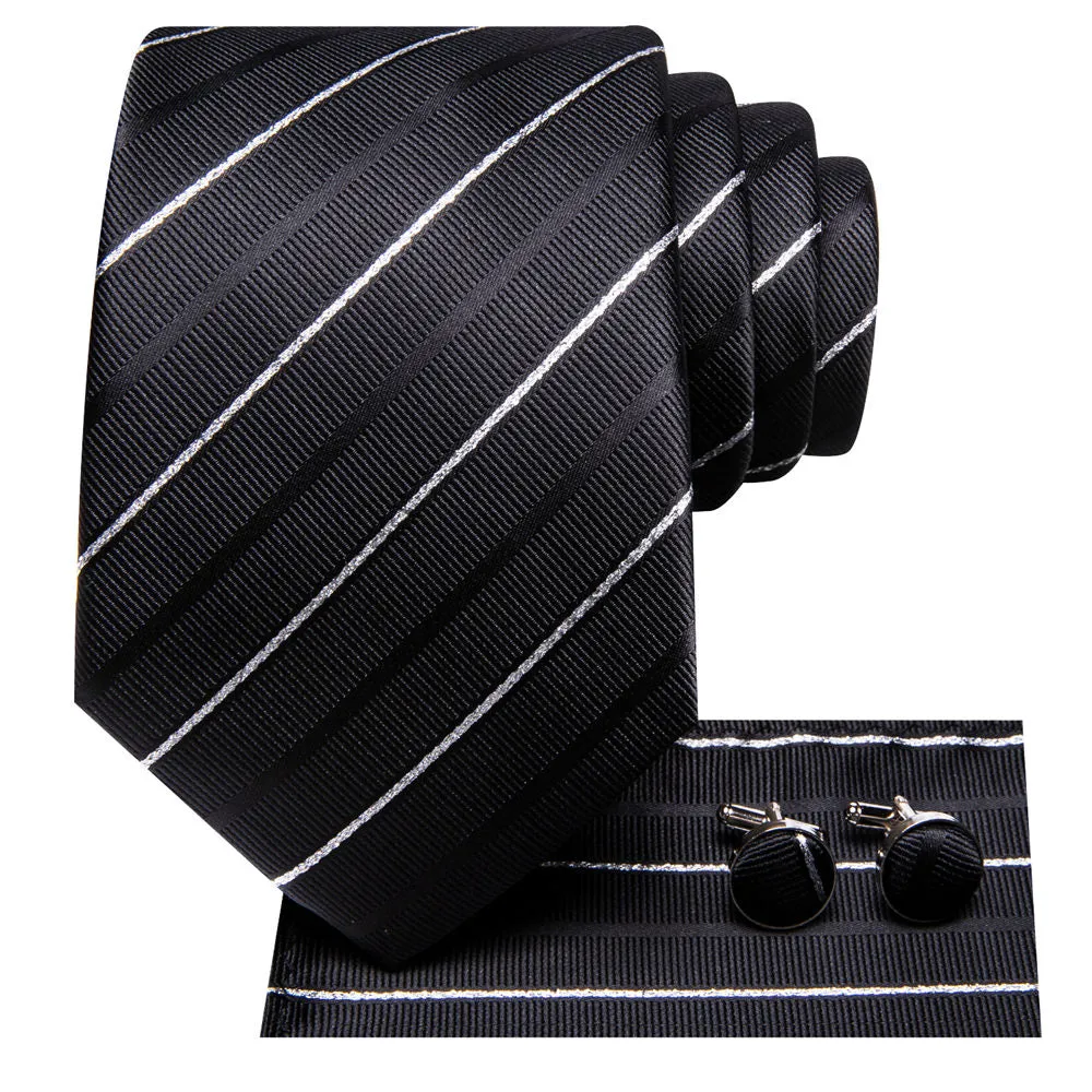 Ties2you Black White Striped Silk Men's Necktie Pocket Square Cufflinks Set sold by Ties2You product image thumbnail 4
