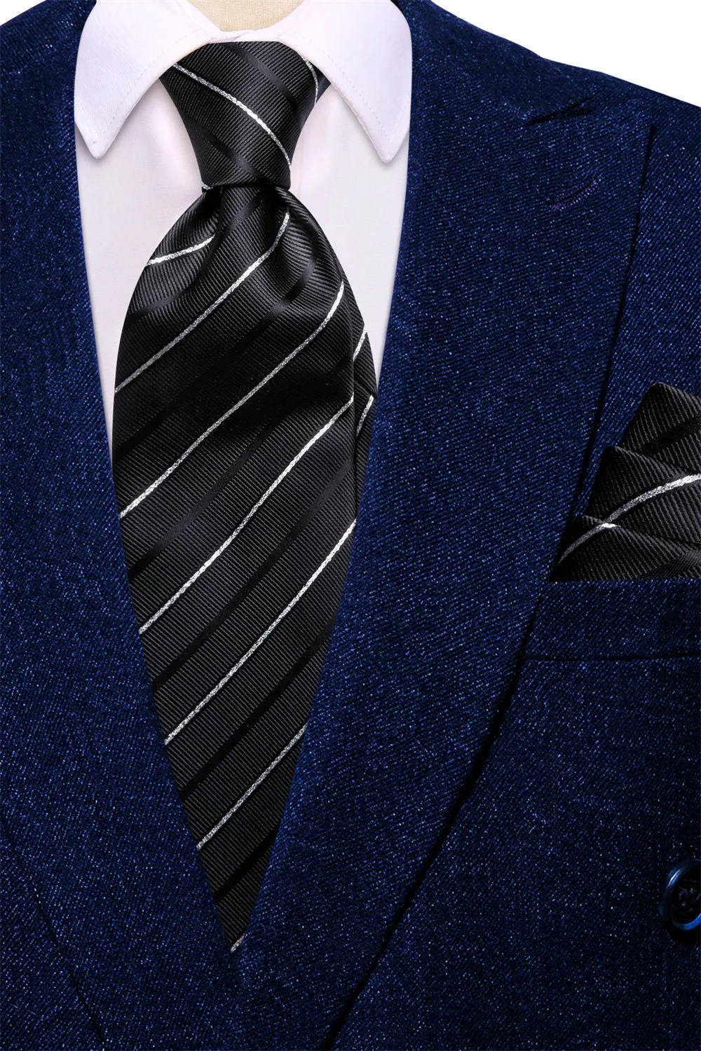 Ties2you Black White Striped Silk Men's Necktie Pocket Square Cufflinks Set sold by Ties2You product image thumbnail 3