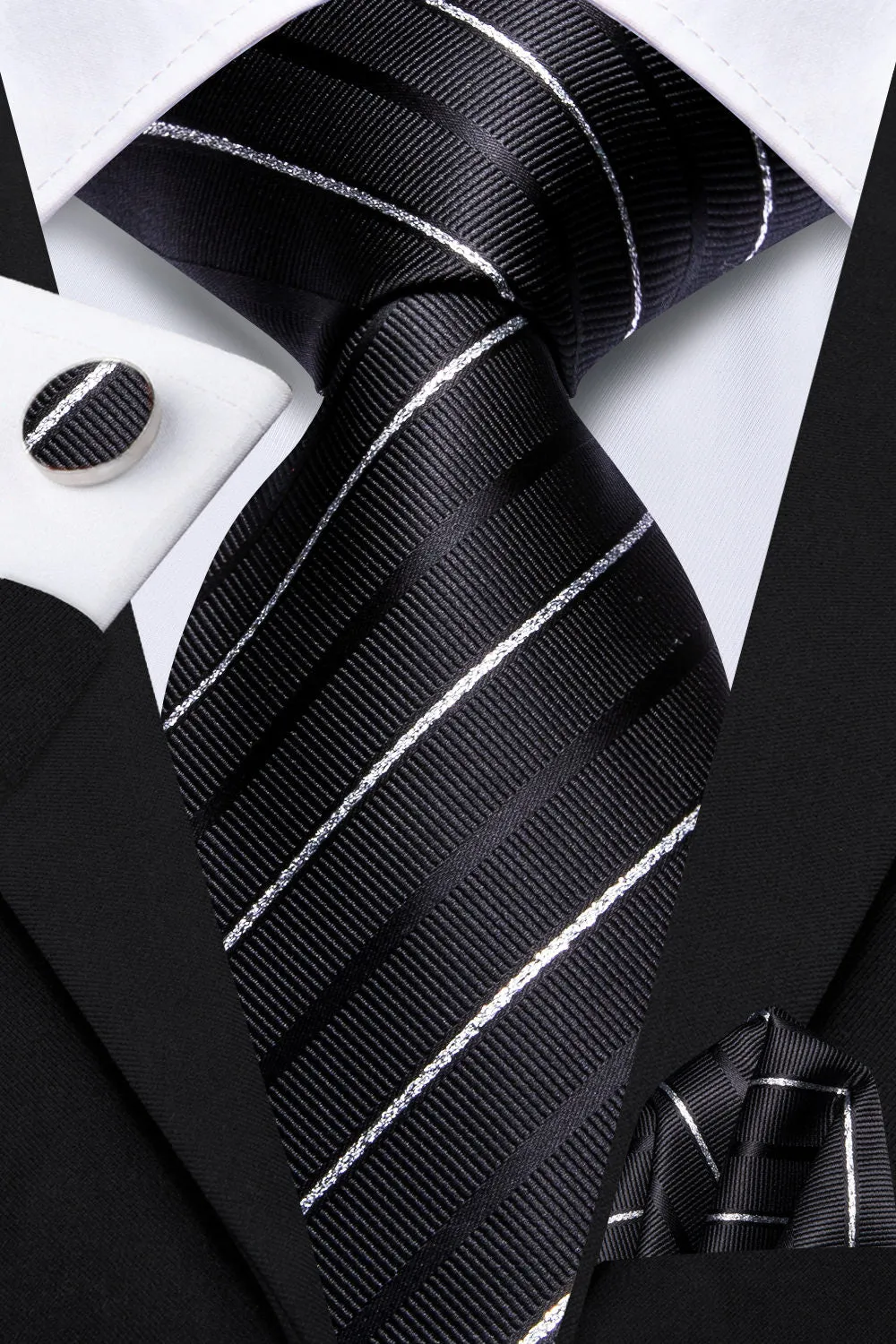 Ties2you Black White Striped Silk Men's Necktie Pocket Square Cufflinks Set sold by Ties2You product image thumbnail 2