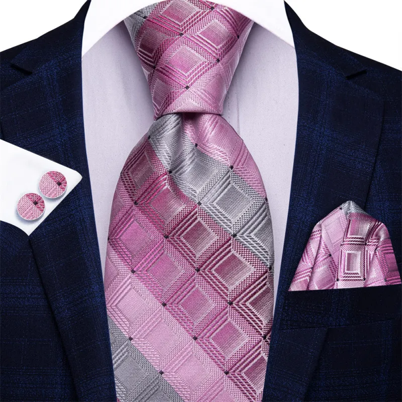 Ties2you Pink Grey Plaid Men's Silk Tie Hanky Cufflinks Set sold by Ties2You