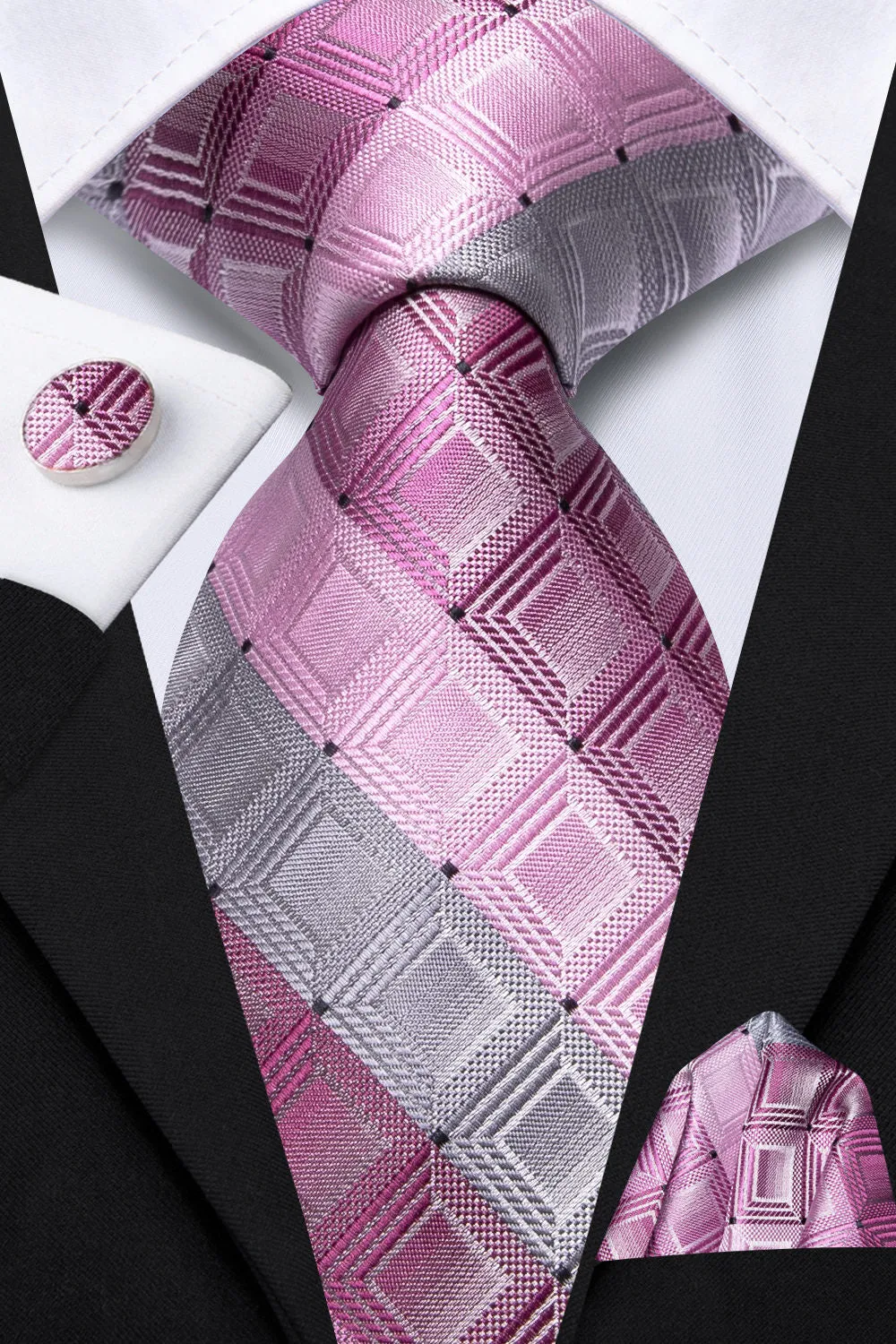 Ties2you Pink Grey Plaid Men's Silk Tie Hanky Cufflinks Set sold by Ties2You product image thumbnail 2