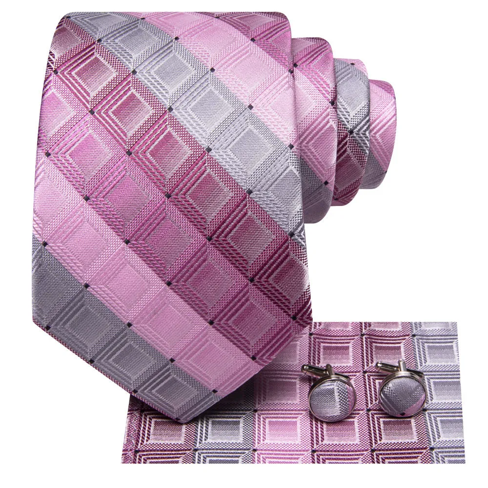 Ties2you Pink Grey Plaid Men's Silk Tie Hanky Cufflinks Set sold by Ties2You product image thumbnail 4