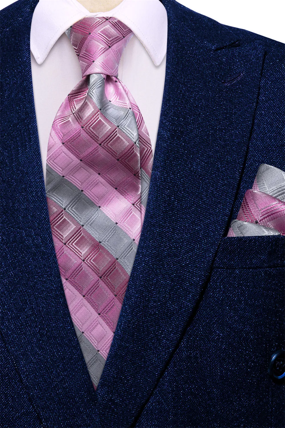 Ties2you Pink Grey Plaid Men's Silk Tie Hanky Cufflinks Set sold by Ties2You product image thumbnail 3