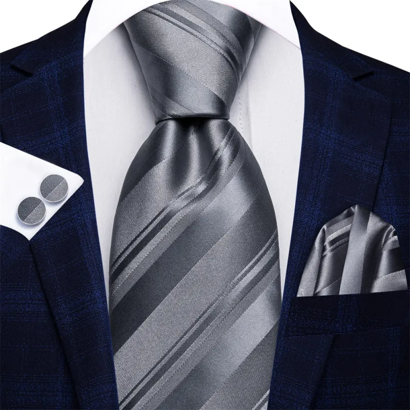 Ties2you Davys Grey Striped Men's Tie Pocket Square Cufflinks Set sold by Ties2You