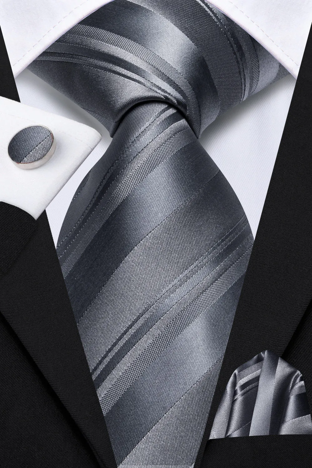 Ties2you Davys Grey Striped Men's Tie Pocket Square Cufflinks Set sold by Ties2You product image thumbnail 2