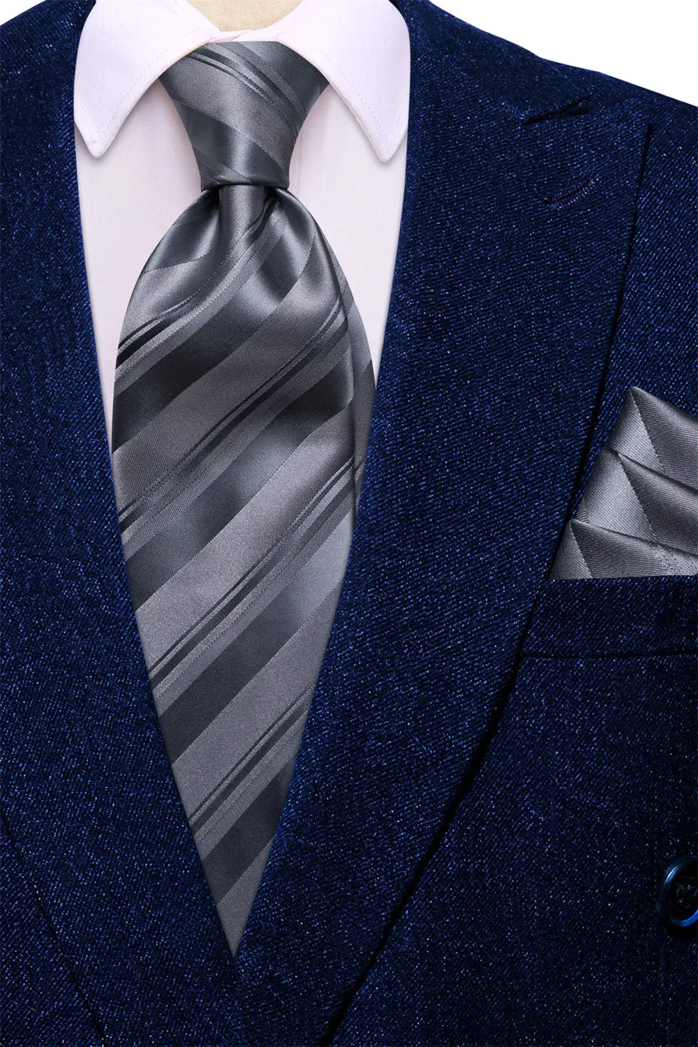 Ties2you Davys Grey Striped Men's Tie Pocket Square Cufflinks Set sold by Ties2You product image thumbnail 3