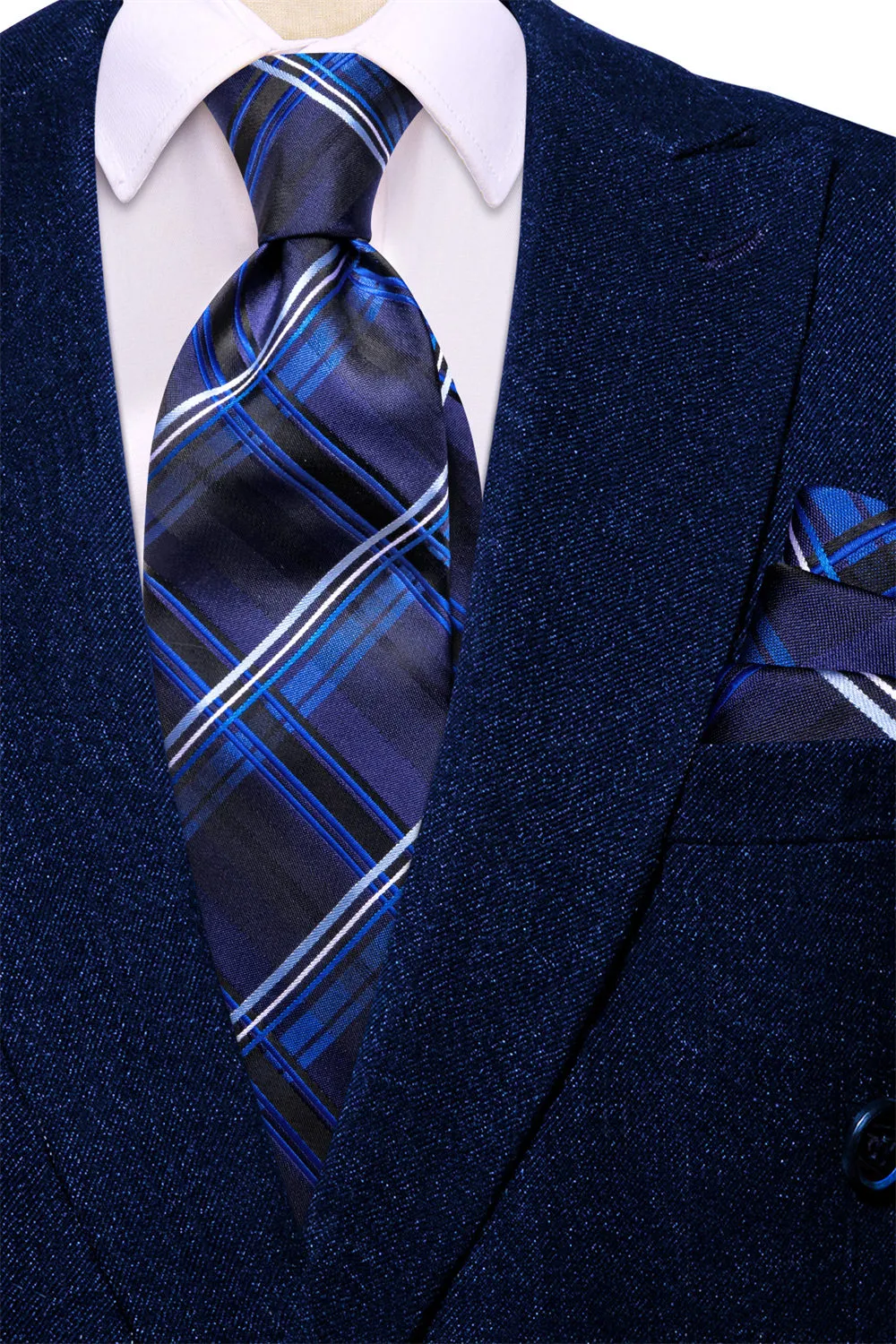 Ties2you Dark Blue White Plaid Tie Pocket Square Cufflinks Set sold by Ties2You product image thumbnail 3