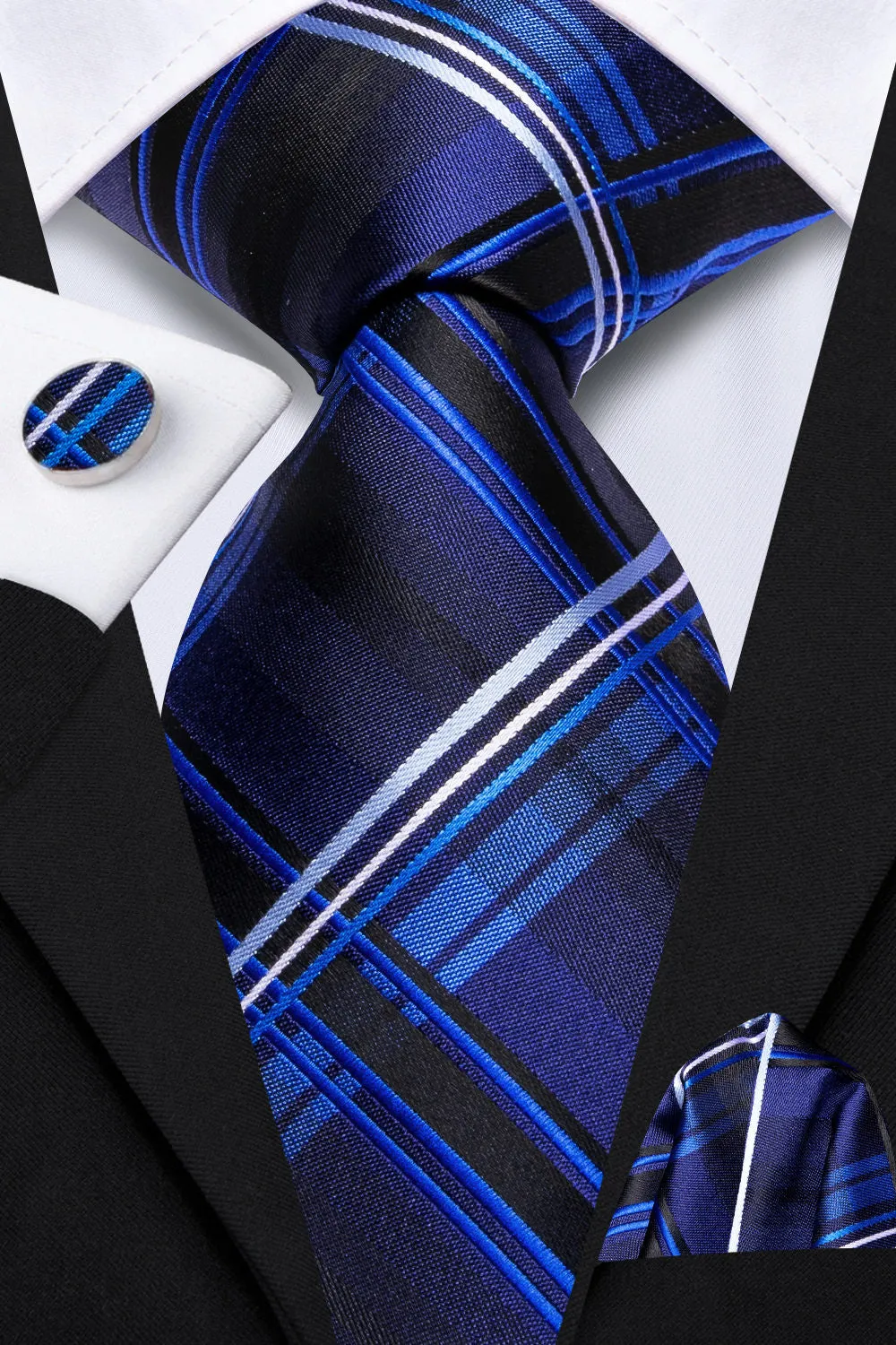 Ties2you Dark Blue White Plaid Tie Pocket Square Cufflinks Set sold by Ties2You product image thumbnail 2