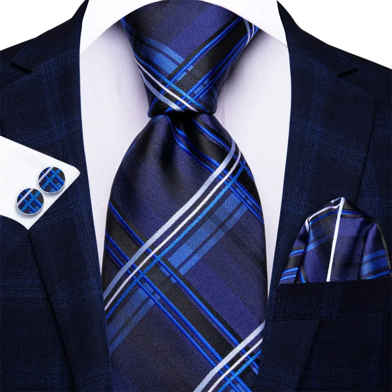 Ties2you Dark Blue White Plaid Tie Pocket Square Cufflinks Set sold by Ties2You
