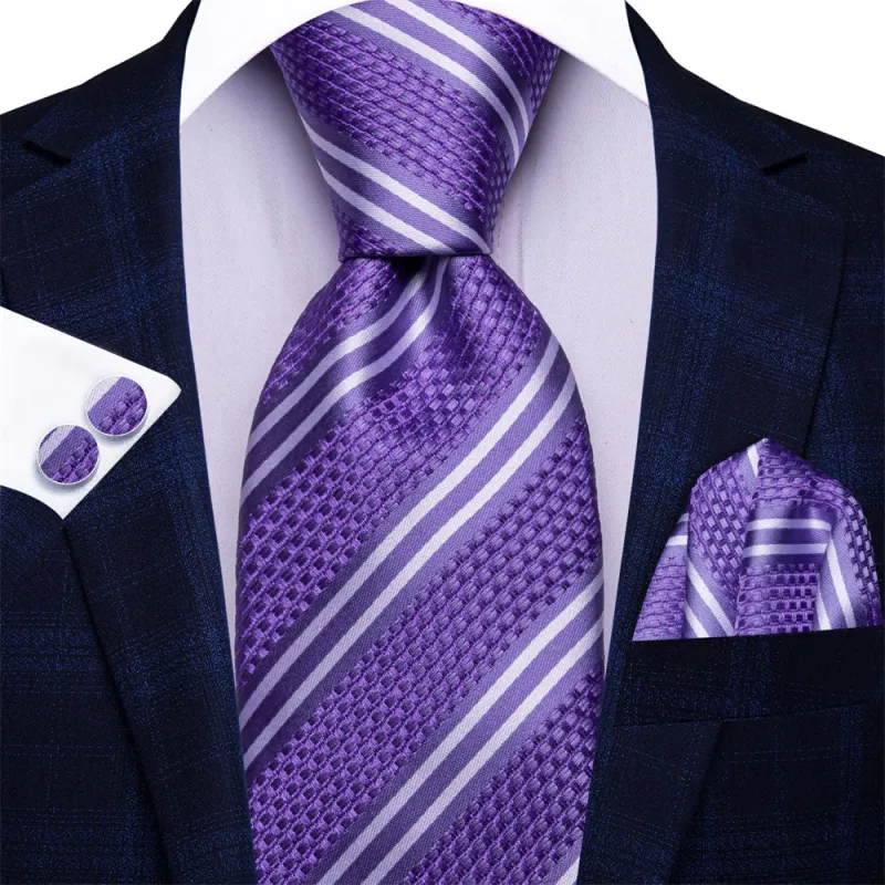 Ties2you Royal Purple Striped White Men's Silk Tie Pocket Square Cufflinks Set sold by Ties2You
