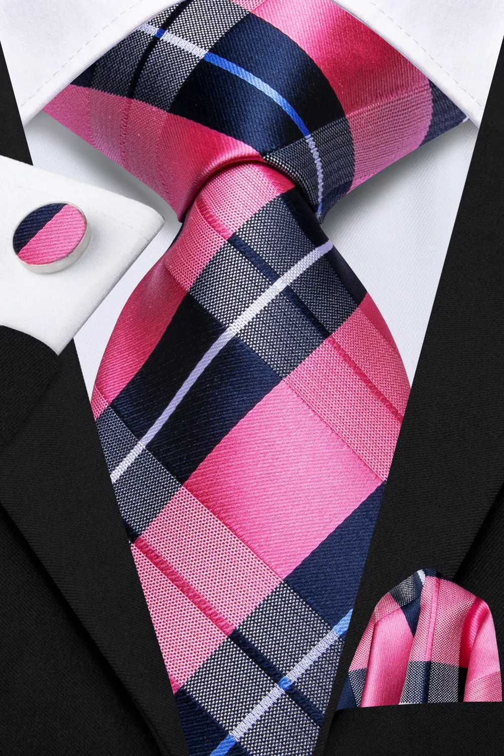 Ties2you Rose Pink Blue Plaid Tie Handkerchief Cufflinks Set sold by Ties2You product image thumbnail 5