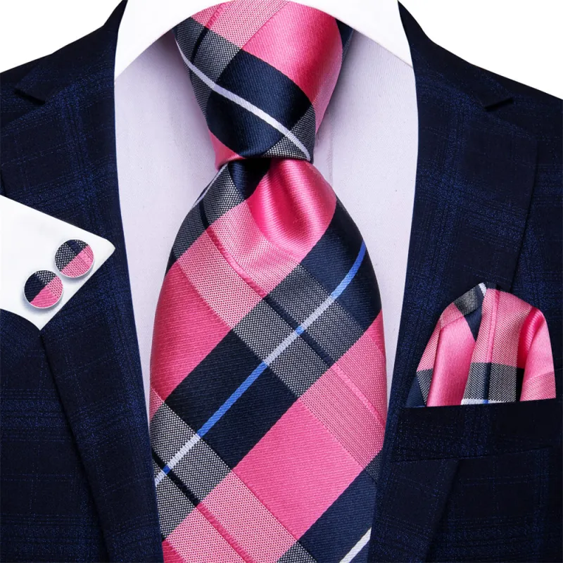 Ties2you Rose Pink Blue Plaid Tie Handkerchief Cufflinks Set sold by Ties2You