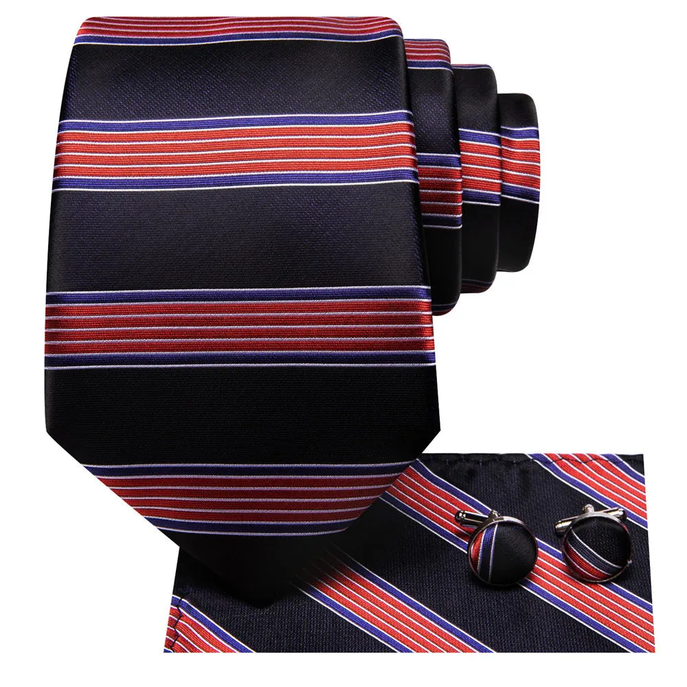 Ties2you Black Red Striped Necktie Pocket Square Cufflinks Set sold by Ties2You product image thumbnail 2