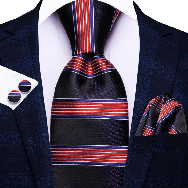 Ties2you Black Red Striped Necktie Pocket Square Cufflinks Set sold by Ties2You
