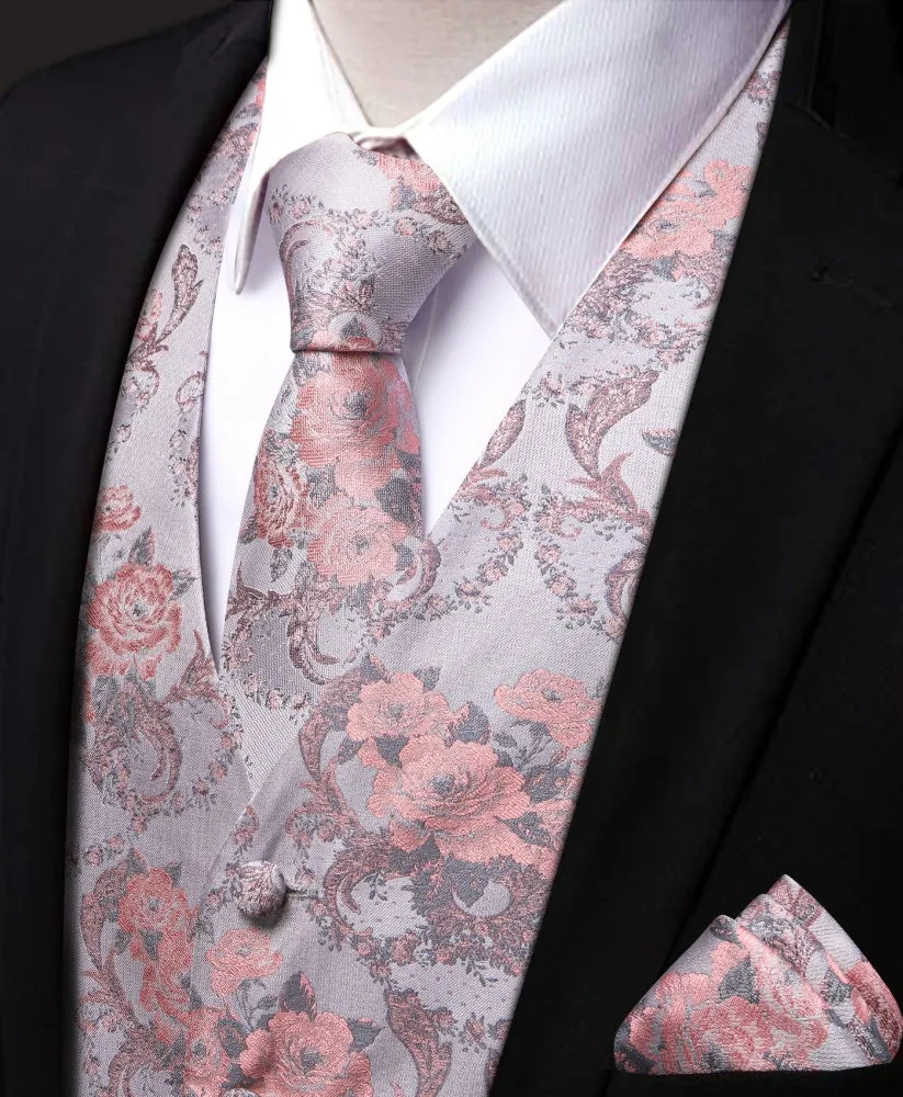Ties2you Pink Silm Fit Suit Vest Floral Wedding Formal Vest Tie Hanky Cufflinks Set sold by Ties2You product image thumbnail 3