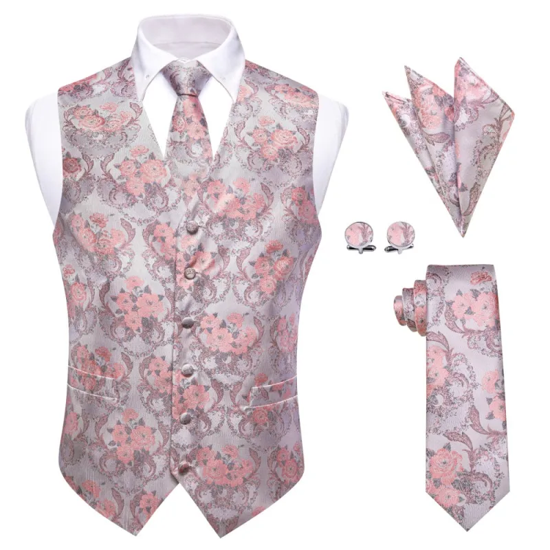 Ties2you Pink Silm Fit Suit Vest Floral Wedding Formal Vest Tie Hanky Cufflinks Set sold by Ties2You