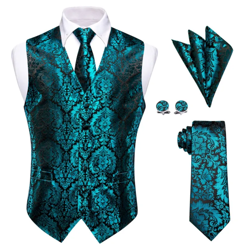 Ties2you Teal Blue Green Floral Men Vest Tie Handkerchief Cufflinks Set sold by Ties2You