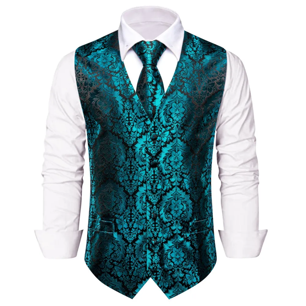 Ties2you Teal Blue Green Floral Men Vest Tie Handkerchief Cufflinks Set sold by Ties2You product image thumbnail 2