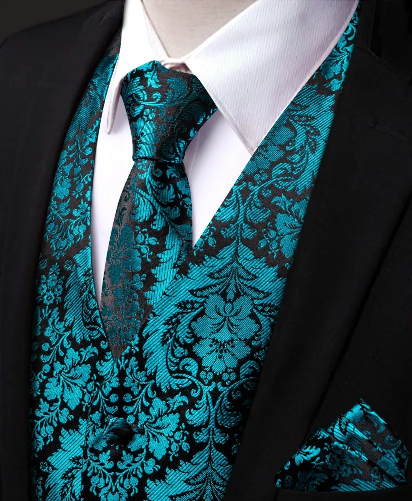 Ties2you Teal Blue Green Floral Men Vest Tie Handkerchief Cufflinks Set sold by Ties2You product image thumbnail 3