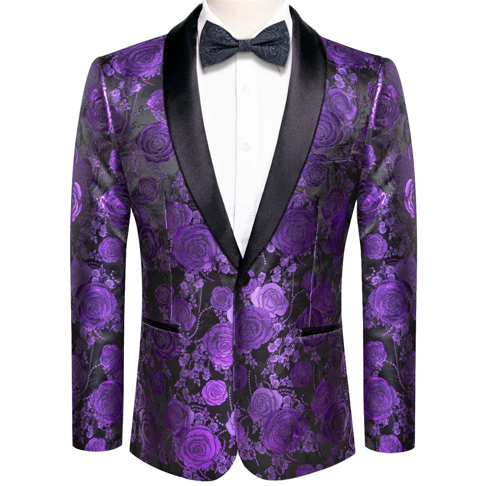 Ties2you Casual Suit Shawl Collar Black Purple Floral Silk Slim Fit Suit For Men sold by Ties2You