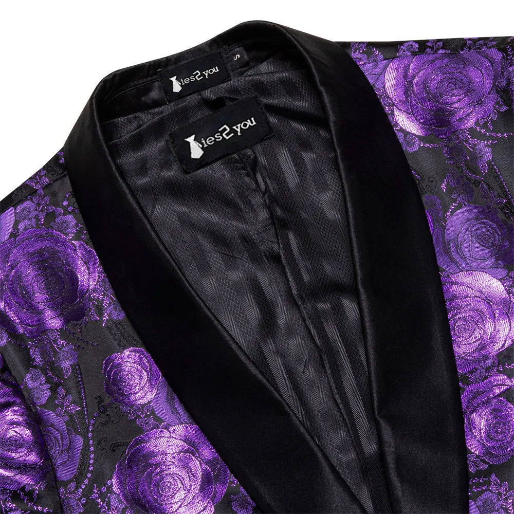 Ties2you Casual Suit Shawl Collar Black Purple Floral Silk Slim Fit Suit For Men sold by Ties2You product image thumbnail 3