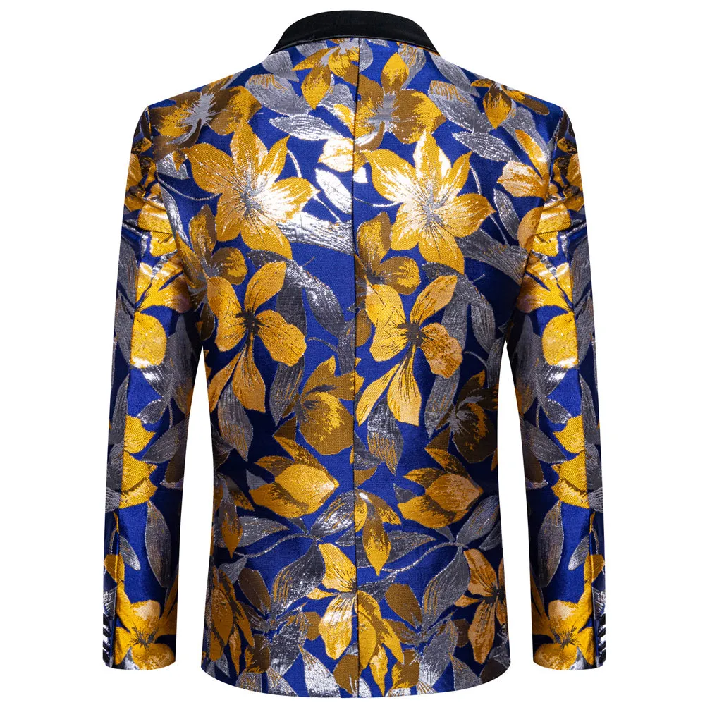 Ties2you Casual Suit Shawl Collar Blue Golden Grey Floral Silk Slim Fit Suit For Men sold by Ties2You product image thumbnail 3