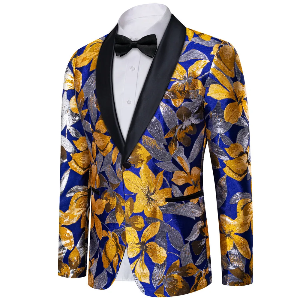 Ties2you Casual Suit Shawl Collar Blue Golden Grey Floral Silk Slim Fit Suit For Men sold by Ties2You product image thumbnail 2