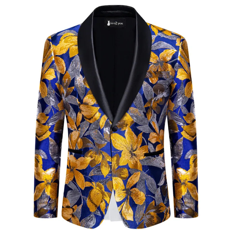 Ties2you Casual Suit Shawl Collar Blue Golden Grey  Floral Silk Slim Fit Suit For Men sold by Ties2You
