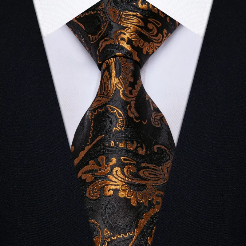 Ties2you Mens Black Ties Golden Paisley Neck Tie Hanky Cufflinks Set sold by Ties2You