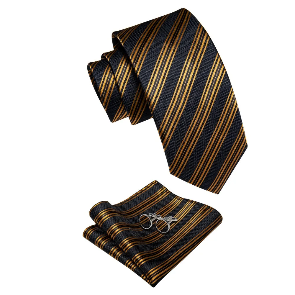 Ties2you Black Tie Gold Stripes Men's Wedding Tie Hanky Cufflinks Set sold by Ties2You product image thumbnail 5