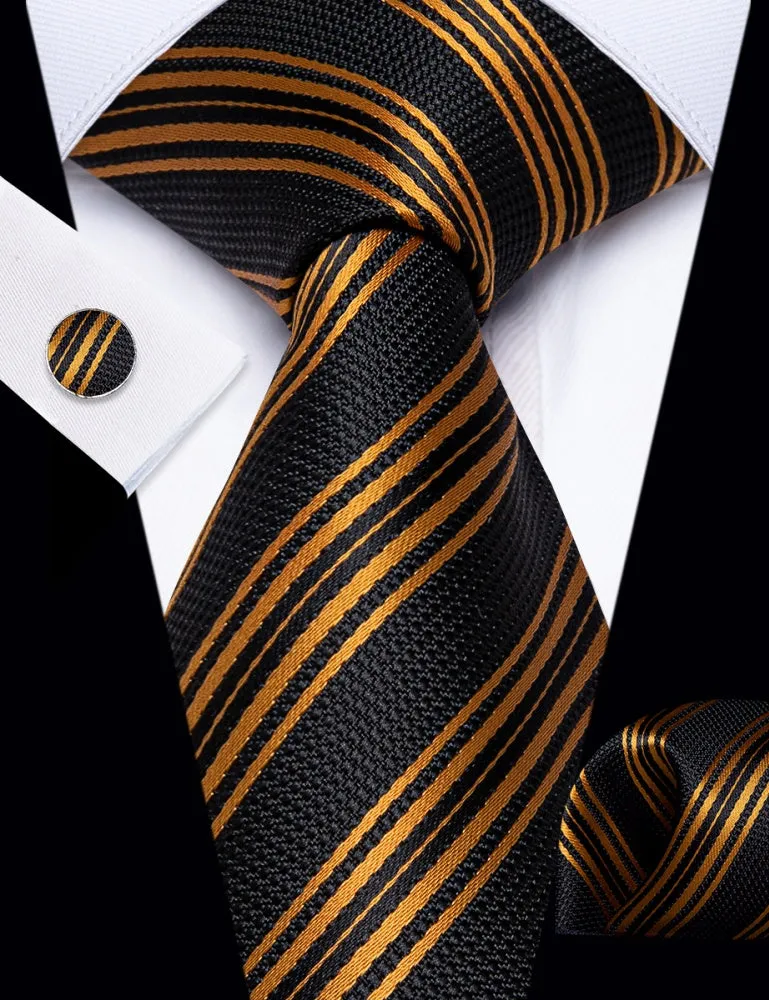 Ties2you Black Tie Gold Stripes Men's Wedding Tie Hanky Cufflinks Set sold by Ties2You product image thumbnail 2
