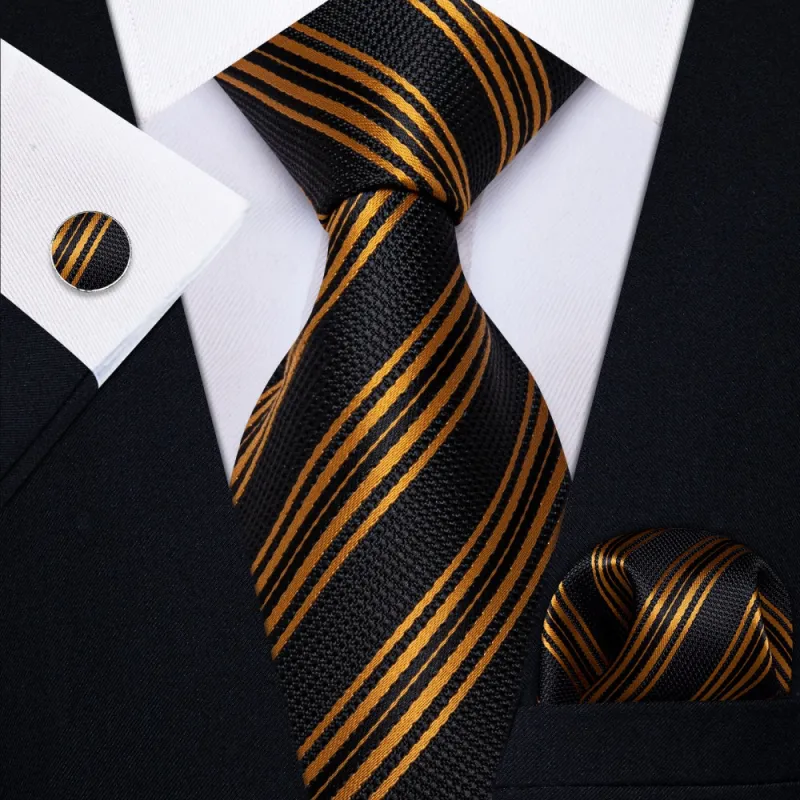 Ties2you Black Tie Gold Stripes Men's Wedding Tie Hanky Cufflinks Set sold by Ties2You