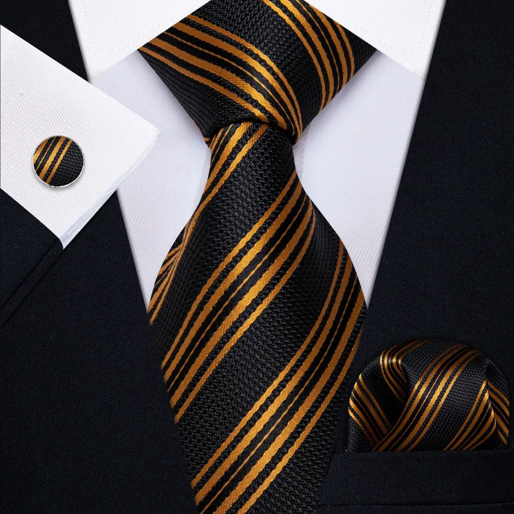 Ties2you Black Tie Gold Stripes Men's Wedding Tie Hanky Cufflinks Set sold by Ties2You