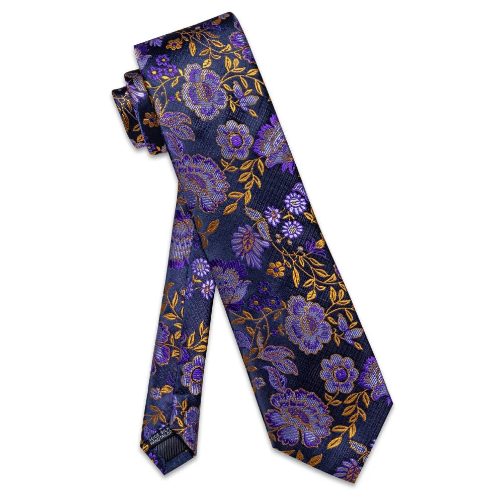 Ties2you Purple Golden Floral Mens Necktie Pocket Square Cufflinks Set sold by Ties2You product image thumbnail 3