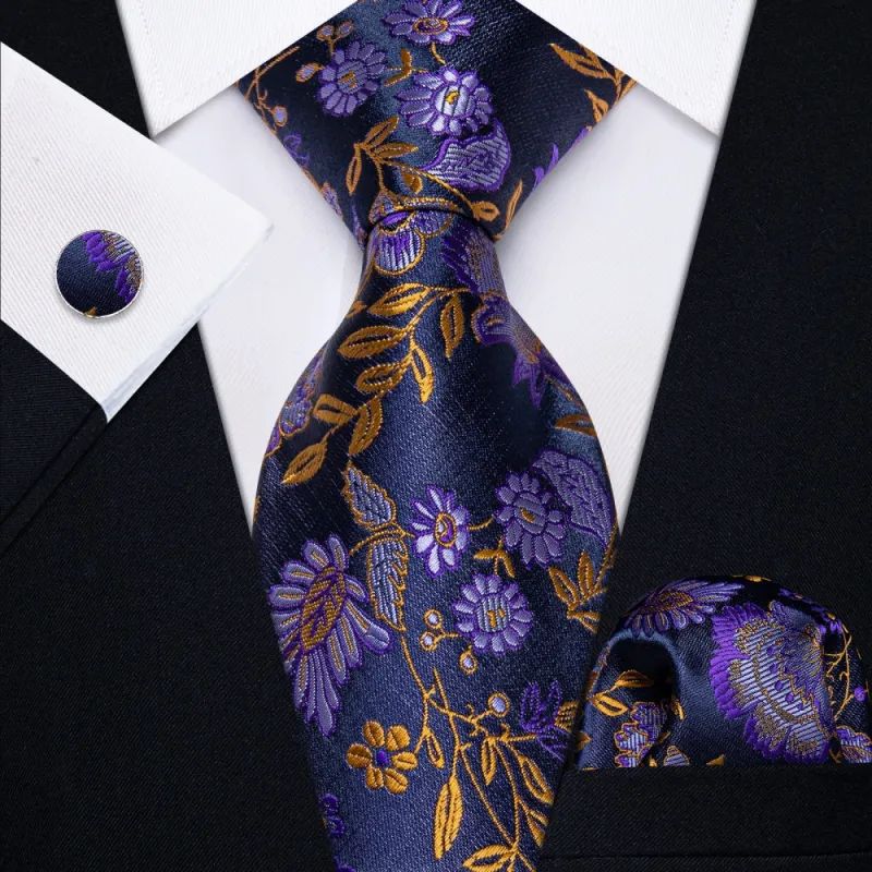 Ties2you Purple Golden Floral Mens Necktie Pocket Square Cufflinks Set sold by Ties2You