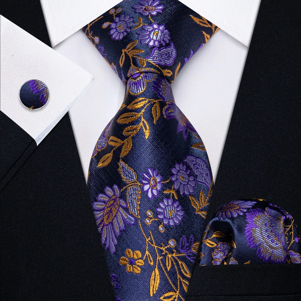 Ties2you Purple Golden Floral Mens Necktie Pocket Square Cufflinks Set sold by Ties2You