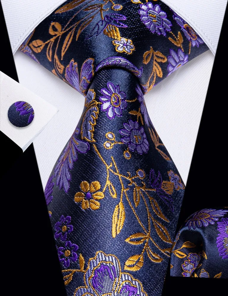Ties2you Purple Golden Floral Mens Necktie Pocket Square Cufflinks Set sold by Ties2You product image thumbnail 2