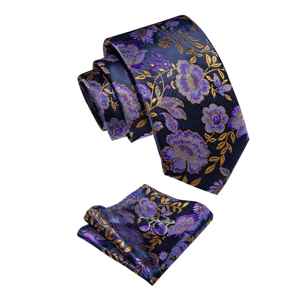 Ties2you Purple Golden Floral Mens Necktie Pocket Square Cufflinks Set sold by Ties2You product image thumbnail 5