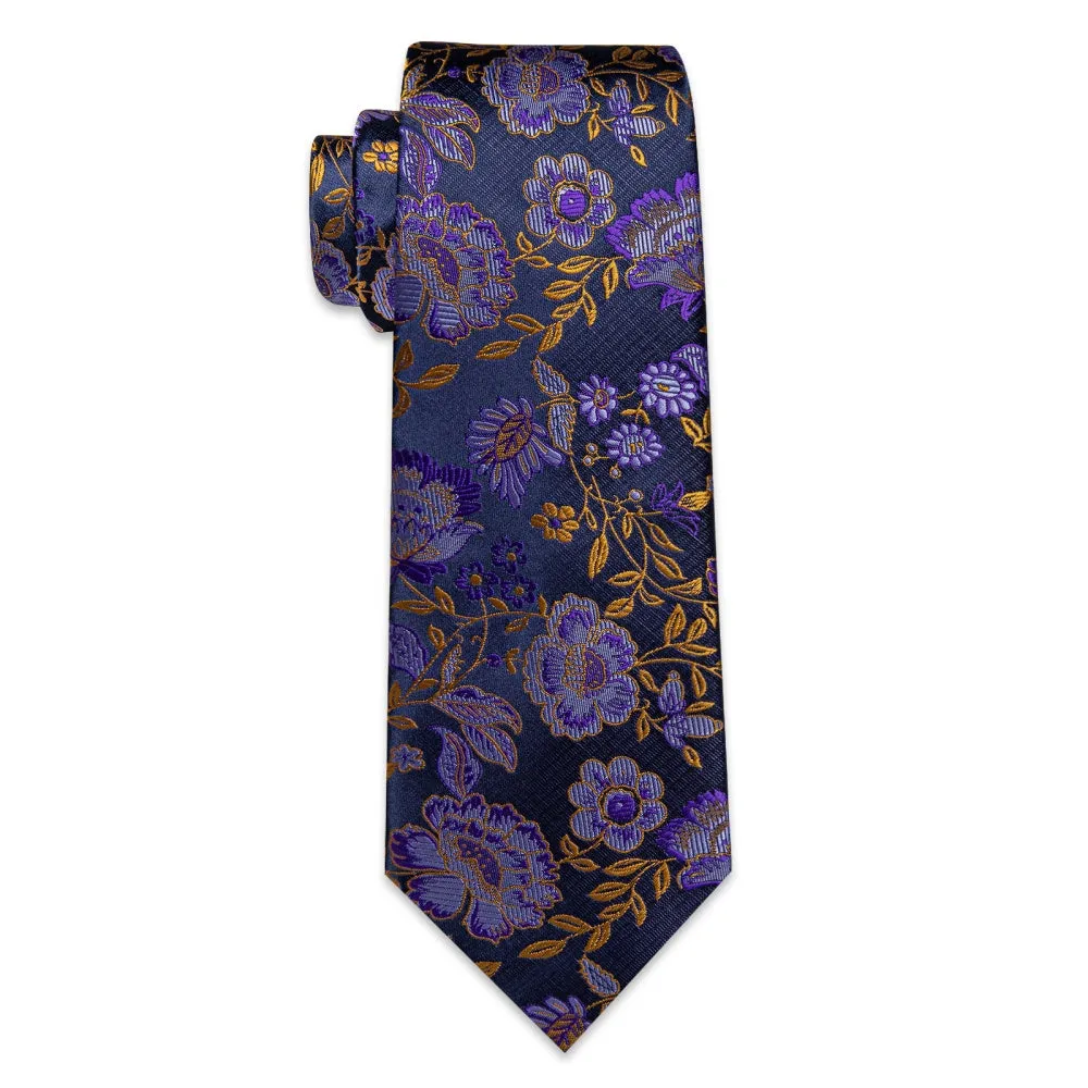 Ties2you Purple Golden Floral Mens Necktie Pocket Square Cufflinks Set sold by Ties2You product image thumbnail 4